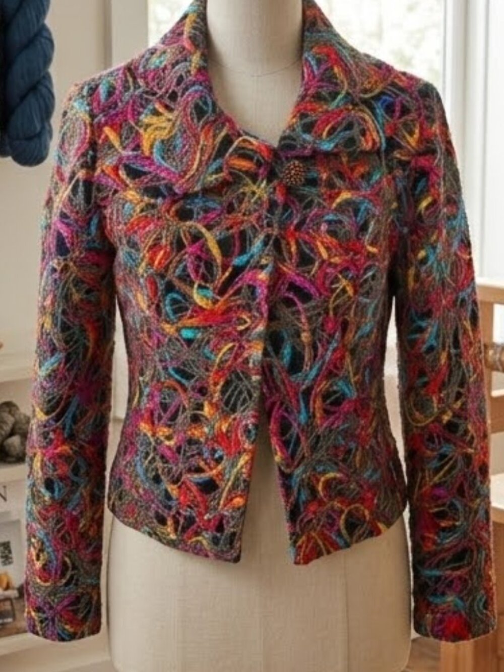 Vintage Elliott Lauren colorful textured swirl wool blend rhinestone blazer 6